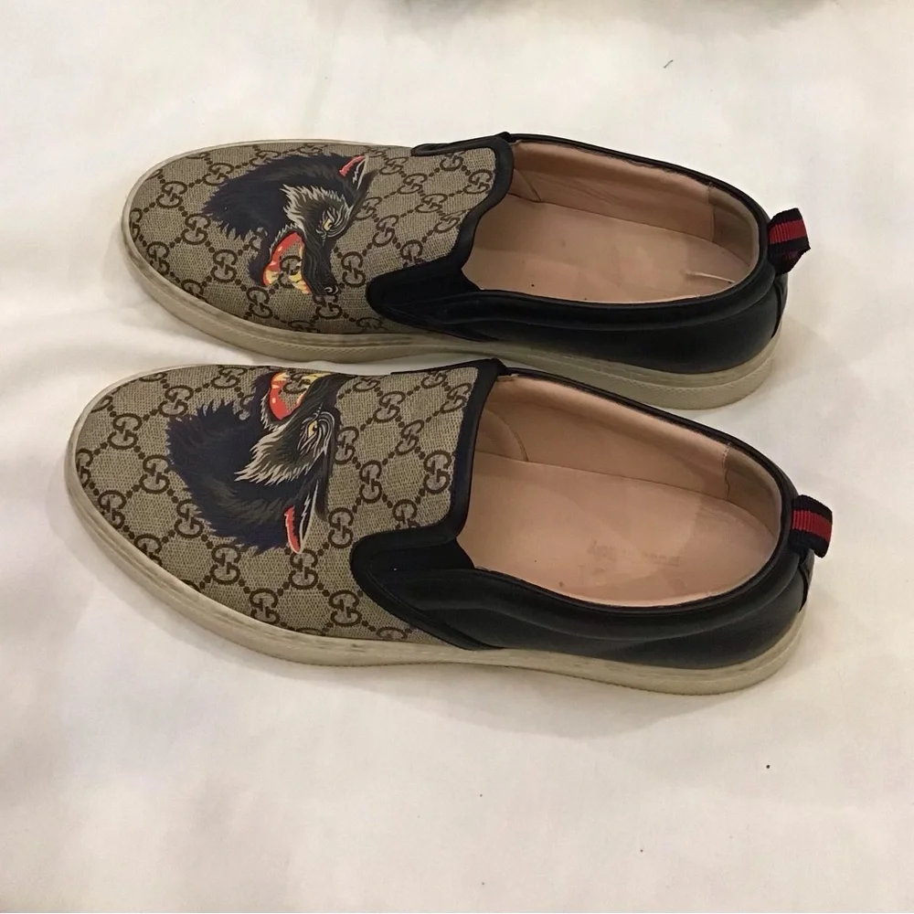 Gucci Tan Monogram Slip-On Loafers with Wolf Motif